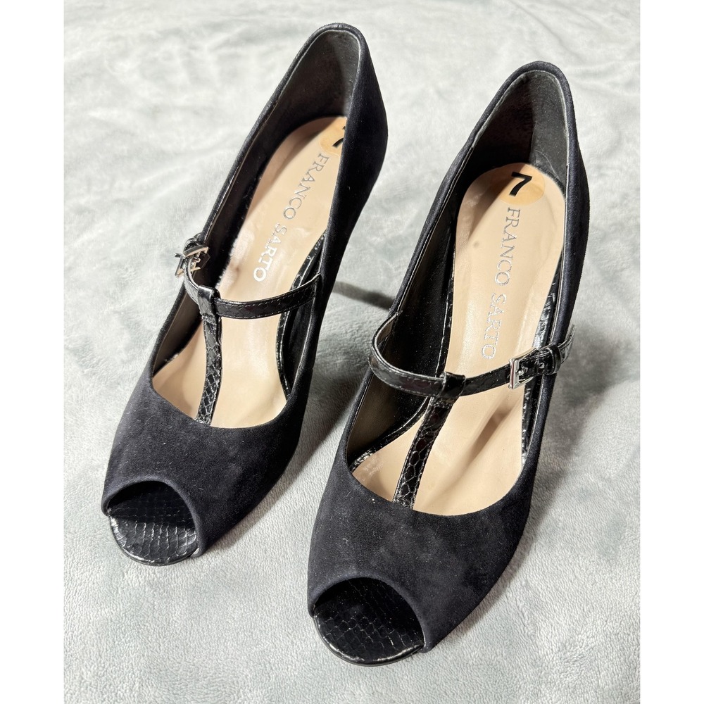 Franco Sarto Shoes Womens Size 7 Black‎ Suede T Strap Peep Toe Mary Jane Heels